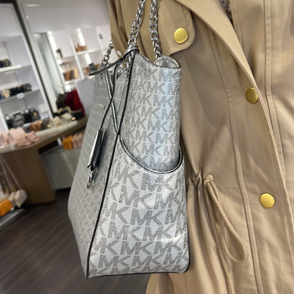 Michael Kors Jet Set Travel Large Chained Tote Shoulder Bag MK Silver - Picture 5 of 16